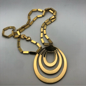 Vtg 60s Monet Gold Tone Huge Pendant Long Necklace 29” & 2.8” Pendant